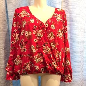 Red Floral Blouse With Bell Sleeves - 3X